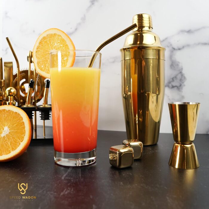 Набір бармена Mixology – 24 предмети: золотий шейкер, стакан, мадлер, кубики льоду та інше. Ідеальний барний аксесуар для дому