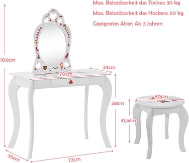 Туалетний столик DREAMADE дитячий з табуреткою, знімне дзеркало, захист проти нахилу, білий кавуновий візерунок