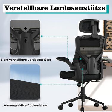 Ергономічне крісло для офісу з регульованою підголівником та поперековою підтримкою – високе офісне крісло з сітчастою спинкою та м'яким сидінням, вішалка для одягу та функцією блокування (Чорний)