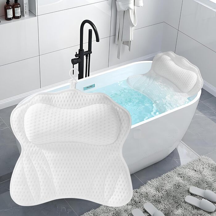 Підголовник для ванни з 6 присосками, 4D-Air Mesh, підтримка голови, шиї, плечей, спини, для всіх ванн (білий)