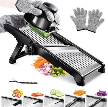 Машхом Мандоліна для овочів 5-в-1 з нержавіючої сталі, регульована, для овочів, фруктів, картоплі, помідорів, цибулі, 40 см