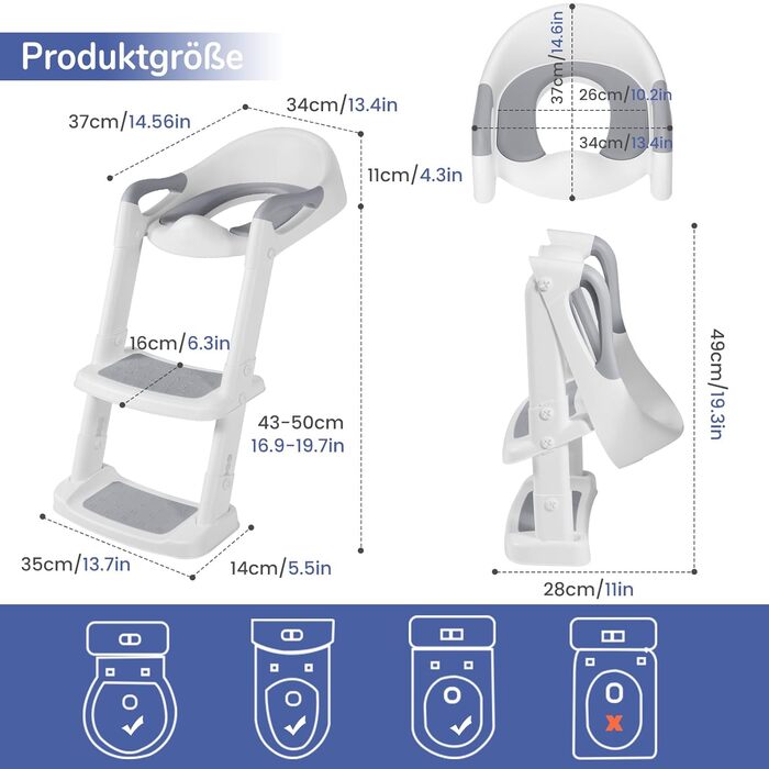 Сидіння для унітазу дитяче з драбинкою DEANIC, м'яке PU, для дітей 1-7 років, універсальний розмір 38-47 см (Сірий)