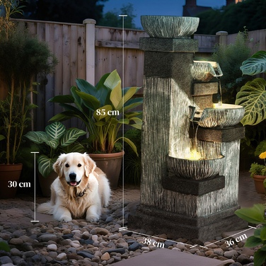 Фонтан для саду 85 см, декоративний 4-рівневий фонтан, штучний водоспад з LED-підсвіткою та насосом, сірого кольору