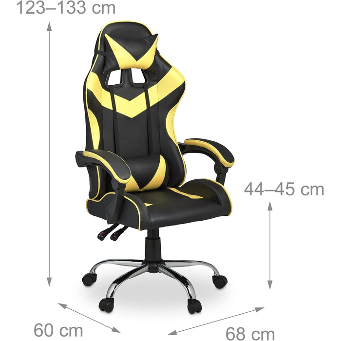 Ігрове крісло Relaxdays, Racing Look, поворотне, регулюється по висоті, подушка для голови та попереку, ВхШхГ 133x68x60 см, (чорно-жовтий)