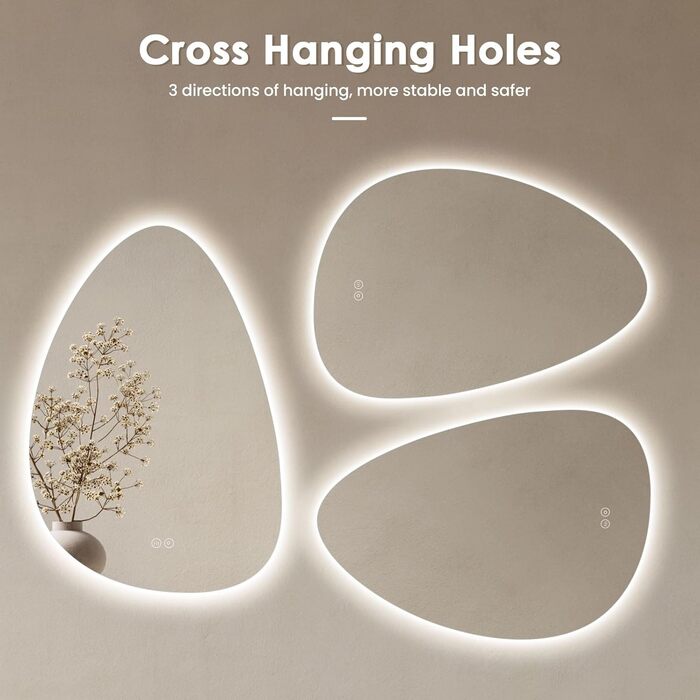 Дзеркало для ванної кімнати Dripex LED з підсвічуванням, сенсорне керування, регулювання яскравості, 3 кольори світла, без запотівання, 85x52 см