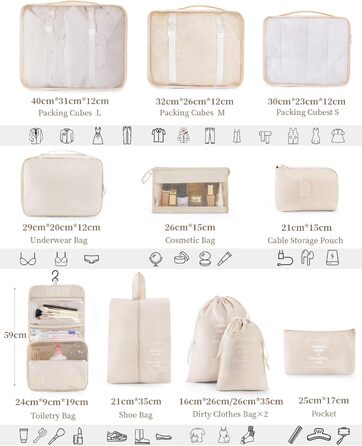 Набір органайзерів для подорожей Anjing (11 предметів), водонепроникні пакувальні куби для валізи, навігаційні органайзери для одягу, темно-синій/бежевий