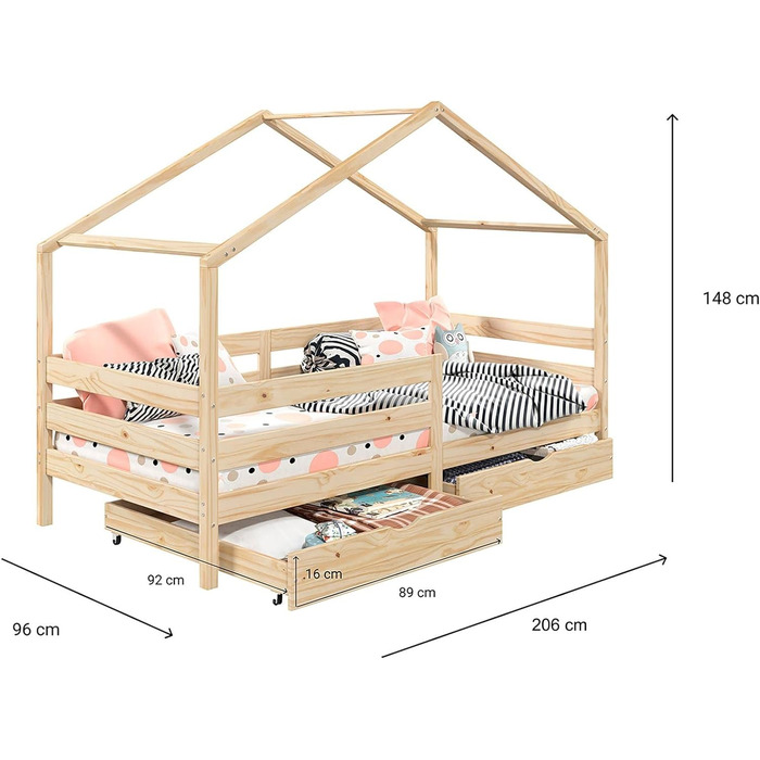 Ліжко IDIMEX house ENA з масиву сосни, красиве ліжко Монтессорі 90 х 200 см, дитяче ліжечко із захистом від падіння, стійке ігрове ліжко з дахом і 2 ящиками в (натуральне)