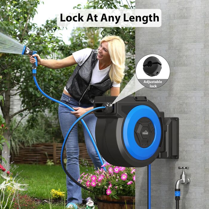 Himimi автоматичний водяний шланг 30м + 2м настінна коробка, поворот на 180°, ролики для саду, автоматичний з 10-в-1 розпилювачем, кріплення на стіну для поливу