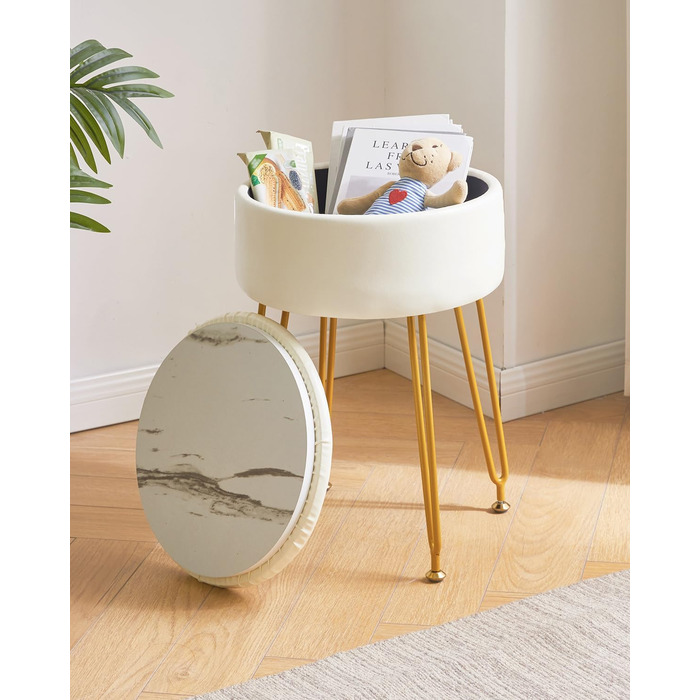 Пуф з м'якою оббивкою та місцем для зберігання IBUYKE, білий, з металевими ніжками, знімний чохол