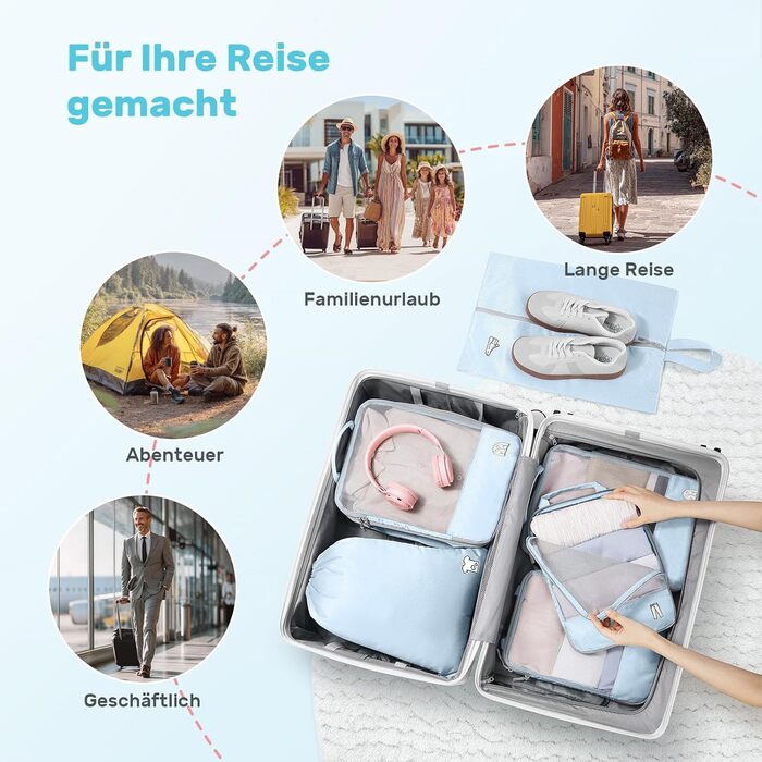 Набір компресійних органайзерів для подорожей Packing Cubes, 8 предметів, для валізи та рюкзака, світло-блакитний