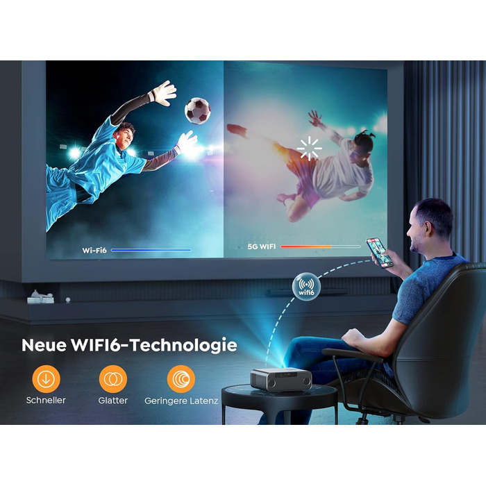 YABER LED проєктор 4K: 1080P Full HD, WiFi6, Bluetooth, автофокус, корекція трапеції. Підтримка PS5, смартфонів, ТВ приставок для домашнього кінотеатру та відпочинку на природі