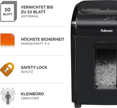 Шредер Fellowes Microcut P5: знищення 2000+ частинок/A4, 10 аркушів, 19л контейнер, безпечний, чорний