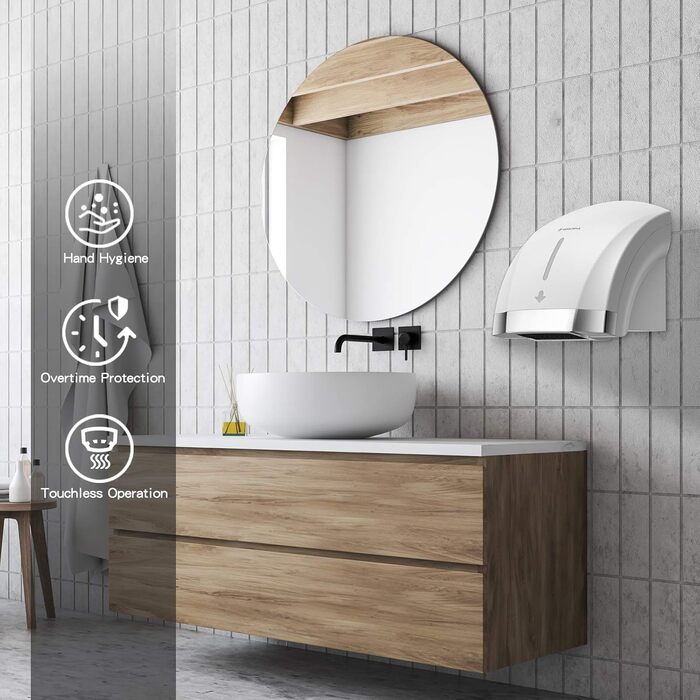 Автоматичний сушар для рук Modunful з інфрачервовим сенсором, настінний, 2000W, тихий (40 dB), ABS-покриття, білий