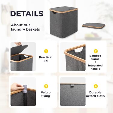 Кошик для білизни Rieeyrslza з кришкою, 158 л, бамбук, 2 знімні мішки для білизни, Oxford, складний, сортувальник, для ковдр та одягу (сірий)