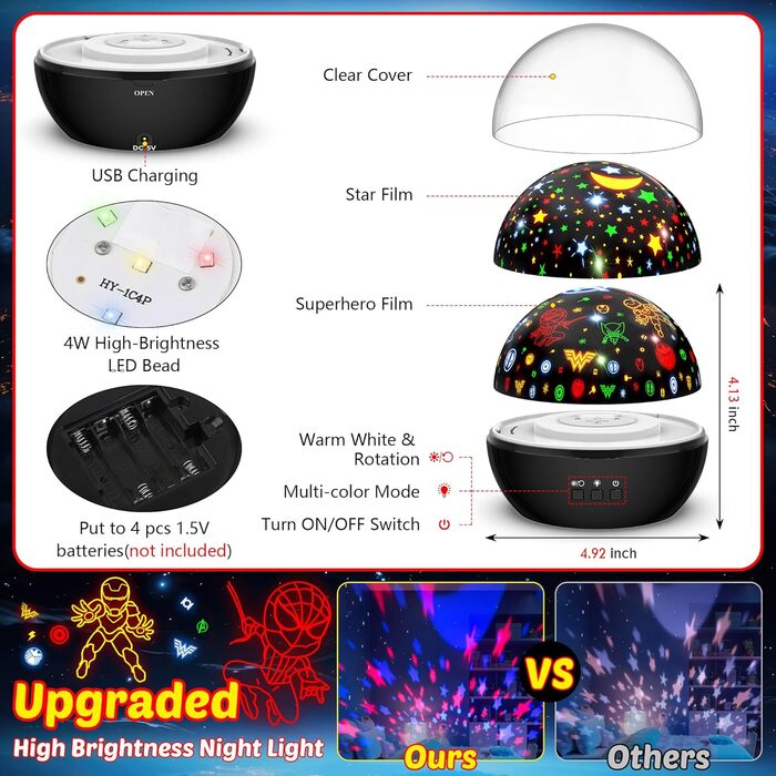 Дитячий нічник-проектор зірок MOKOQI: 2-в-1 проектор місяця, зірок та морських тварин, подарунок для хлопчиків та дівчаток 3-8 років, чорний