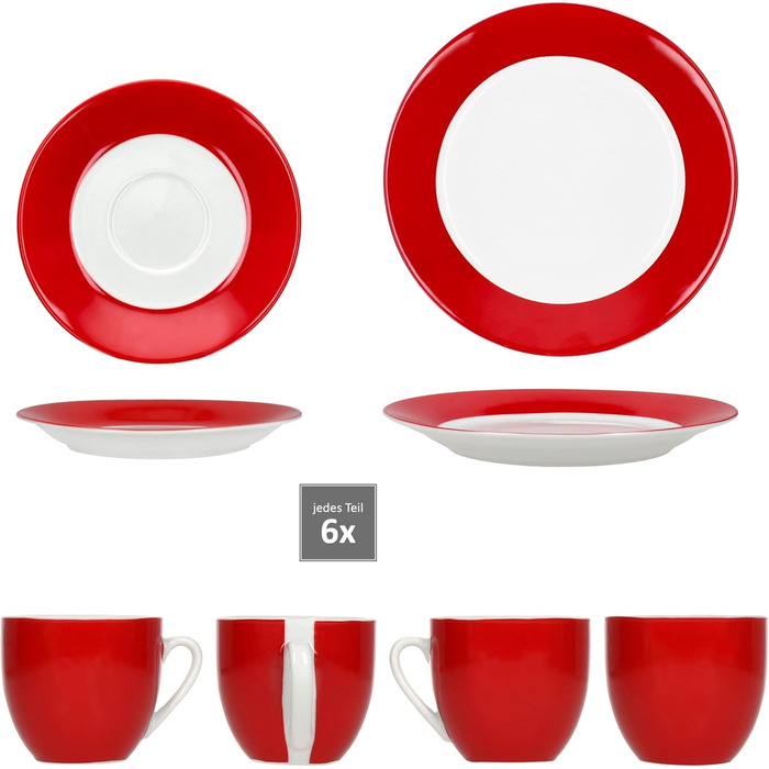 MamboCat Кавовий сервіс на 18 персон: 6 чашок (200 мл), 6 блюдець, 6 тарілок | Кольоровий фарфоровий посуд для кави та сніданку