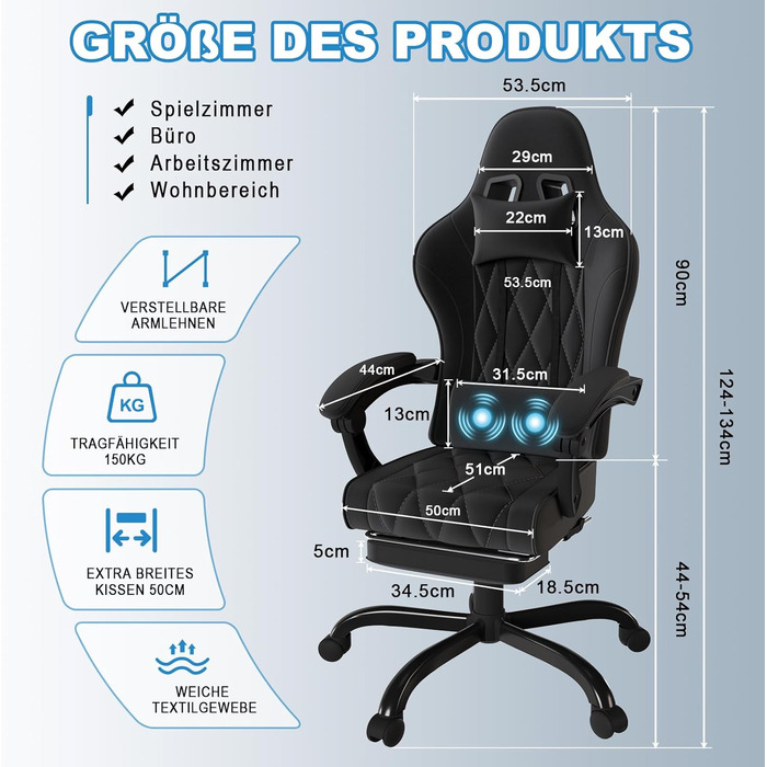 Ігровий крісло JUMMICO з тканини та підлокітниками з піною, ергономічний офісний крісло з масажером. Крісло має підголівник, підставку для ніг, регулювання висоти. Максимальне навантаження: 150 кг, чорний колір