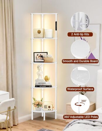 LED торшер з полицею, 3 режими світла, димування (сенсор/пульт), кутова полиця 5-рівнів, вузький книжковий стелаж для вітальні, спальні, офісу (білий)