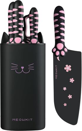 Набір кухонних ножів MeowKit 5 предметів з нержавіючої сталі, милий набір ножів з знімним блоком та ножицями, котяча форма, чорний, рожевий, рожевий