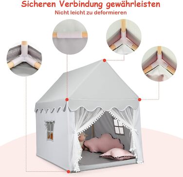 Дитячий намет DREAMADE з м'якою дахом та вікнами, дерев'яний каркас, ігровий будиночок, намет Тіпі для хлопчиків та дівчаток (сірий)
