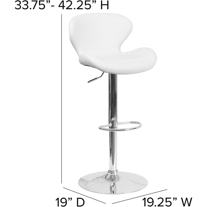 Барний стілець Flash Furniture Denville з тканини, регульований по висоті, з вигнутою спинкою та хромованою основою, 2 шт. (Біле вінілове сидіння)