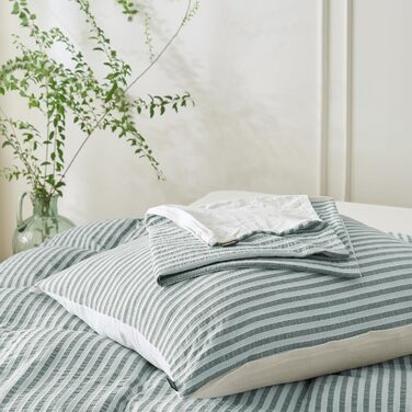 Набір постільної білизни SOULFUL 200x200, бавовна, смугастий дизайн, жаккард, бавовна преміум-якості, сертифікат Öko-Tex 100, денім блакитний (темно-зелений & білий), 2 шт. 40x80 см