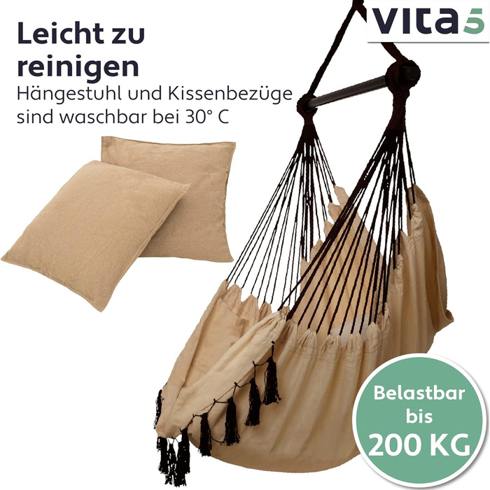 Підвісне крісло на відкритому повітрі - Стійке та безпечне крісло-гамак - Стильне підвісне крісло для приміщень - Гойдалки для дорослих та дітей - Зручне оформлення кімнати в стилі бохо - Вантажопідйомність 200 кг (коричневий), 5
