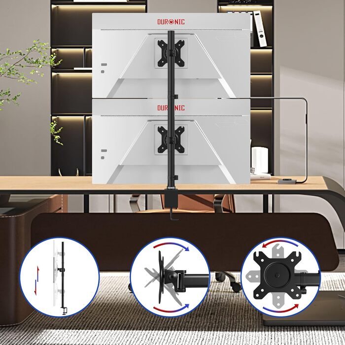 Тримач для моніторів Duronic DM35V2X1 (2 шт.) | Вертикальна підставка для двох моніторів, регульована, з гнучкими з'єднаннями, VESA 75x75, 100x100, для офісу та дому