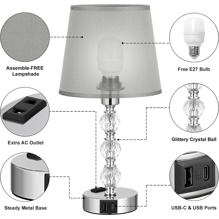 Набір приліжкових ламп Kakanuo Touch з можливістю затемнення з 2 шт. , кришталева настільна лампа з USB, світлодіод, біла тканина (37 см, C-сірий)