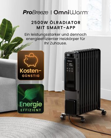 Електричний масляний радіатор Pro Breeze OmniWarm 2500W з 11 секціями, чорний - енергозберігаюча теплова панель з термостатом, таймером та захистом від перегріву