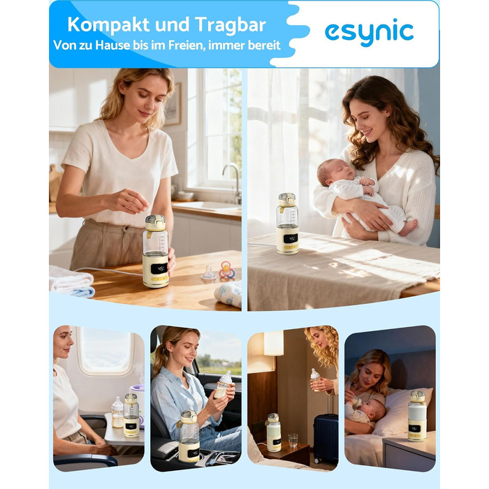 eSynic Підігрівач для пляшечок 450мл з акумулятором 15000mAh, портативний, швидкий нагрів (2-3 хв), для дитячого харчування та води, USB-C, BPA-free, з боросилікатного скла, для подорожей та нічного годування