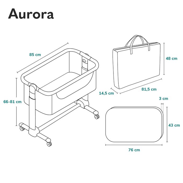 Дитяче ліжко Lionelo Aurora 3в1 до 9 кг, спальне місце, люлька, регулювання висоти, нахил, колеса, бежевий