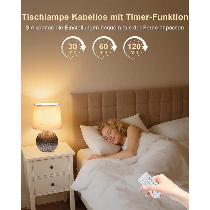 EGOBASIC LED-лампа настільна керамічна акумуляторна з пультом, бездротова, з таймером, регульована яскравість, 12 кольорів RGB, для вітальні, спальні, їдальні (вінтажний цоколь)