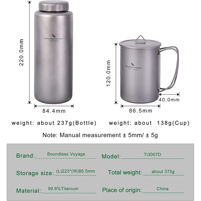 Мл титанова чашка для пляшок для кемпінгу, посуду з широким горлом, легка портативна велика гуртка для пляшок, набір для приготування їжі для походів, пікніка, соло, Ti3005D (гуртка на 600 мл пляшка на 1050 мл, Ti3007d), 1050