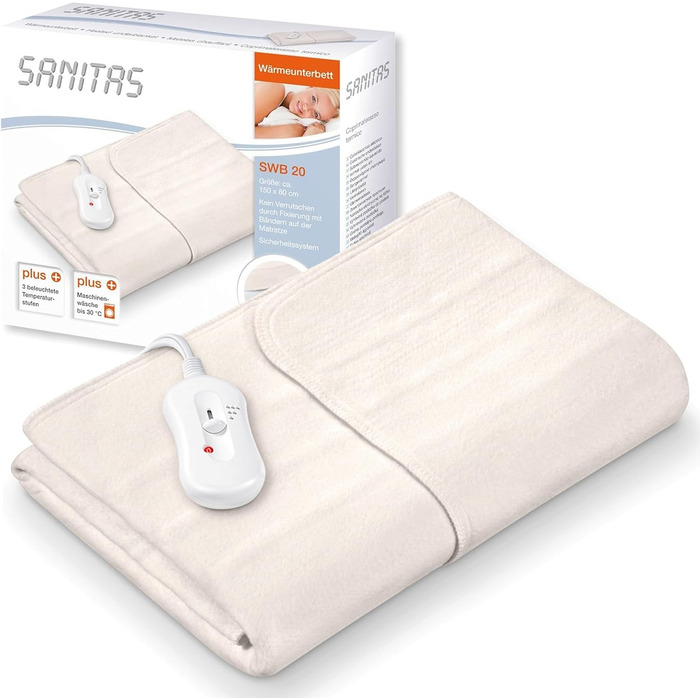 Підігрівальний килимок Sanitas SWB 20 з флісу | з системою безпеки та 3 рівнями температури | Легко кріпиться до ліжка та матрацу | Можна прати при 30°C | 150 x 80 см, Бежевий дизайн