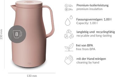 Термос Alfi ECONSCIOUS 1.0л з термоізоляційним вкладишем з біо-пластику, кришкою з поворотним механізмом та кнопкою, для зручного наливання однією рукою, ідеальний для кави та чаю, без BPA (Колір: Powder Rose)