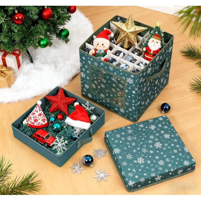 Коробка для зберігання новорічних прикрас, 166 відділень, з регульованими перегородками, кришкою та ручками, 31x31x30 см, червона, принт сніжинки, білий фон