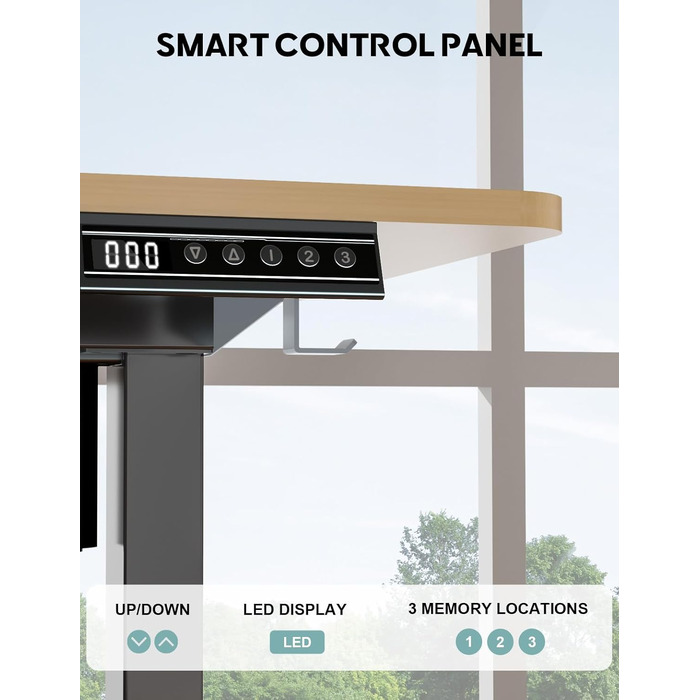 Регульований стіл, електричний, 120x60 см, 3 функції пам'яті, з кабелеуправлінням та гачками. Дерев'яний колір