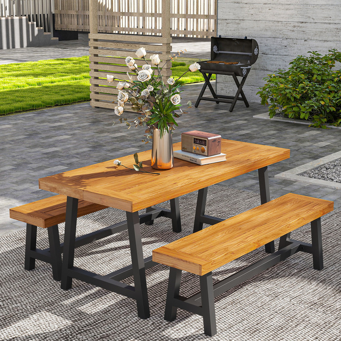 Outsunny Seating Group Дерев'яний обідній набір з 3 предметів на 4 особи в планці Обідній стіл з 2 лавками Обідній гарнітур з дерев'яним столом Набір кухонних столів Балконні меблі Садові меблі для тераси, балкон Тик