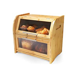 Підніміть бамбукову хлібницю з вентиляцією, великий контейнер для зберігання хліба, 2 полиці і оглядове вікно, Дерев'яний Хлібниця для прослуховування