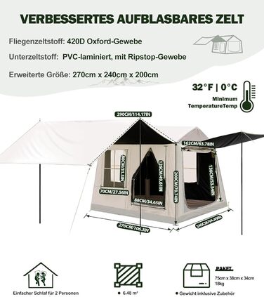 Надувний кемпінговий намет Oxford 420D Glamping для 2-3 осіб з насосом, водонепроникний (3000 мм), всесезонний вітрозахисний намет з москітною сіткою