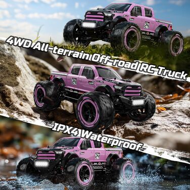 Радіокерований позашляховик DEERC 1:10 4WD 48+ км/год, Monstertruck для дорослих та дітей, рожевий, з 2 акумуляторами