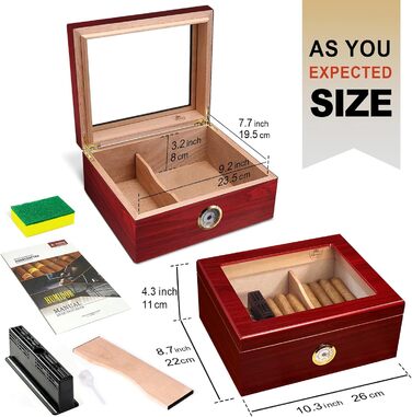 Вологостійкий вологомір для сигар, Humidor з іспанської кедру, коробка для сигар на 30-50 штук, аксесуар для чоловіків, подарунок (червоний)