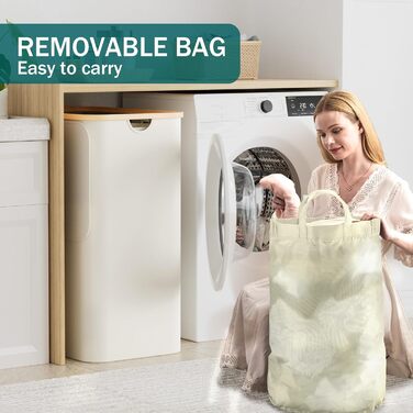 Кошик для білизни Youdenova з кришкою, великий, 160л, бамбук та дерево, сортувальник для білизни, білий