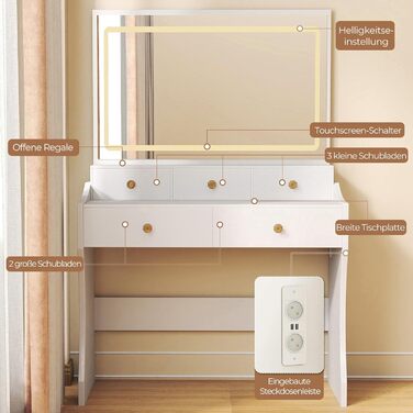 Трюмо COMHOMA з підсвічуванням, дзеркалом та прихованою LED-смугою, зі стільцем та 5 висувними ящиками, з розеткою, 3 колірні температури та регульована яскравість, білий