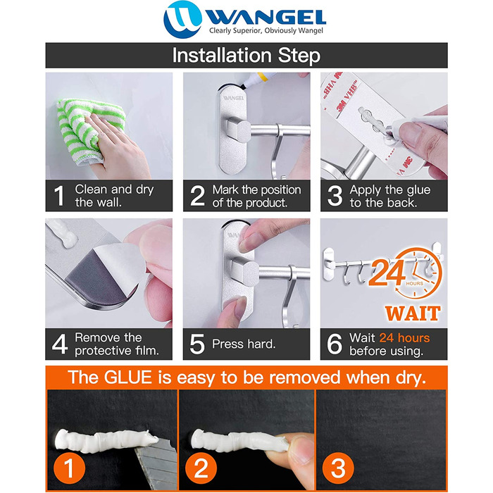 Гак-планка Wangel Кухонні гаджети підвісна планка 7 гачків без свердління, запатентований клей самоклеючий клей 3M, алюміній