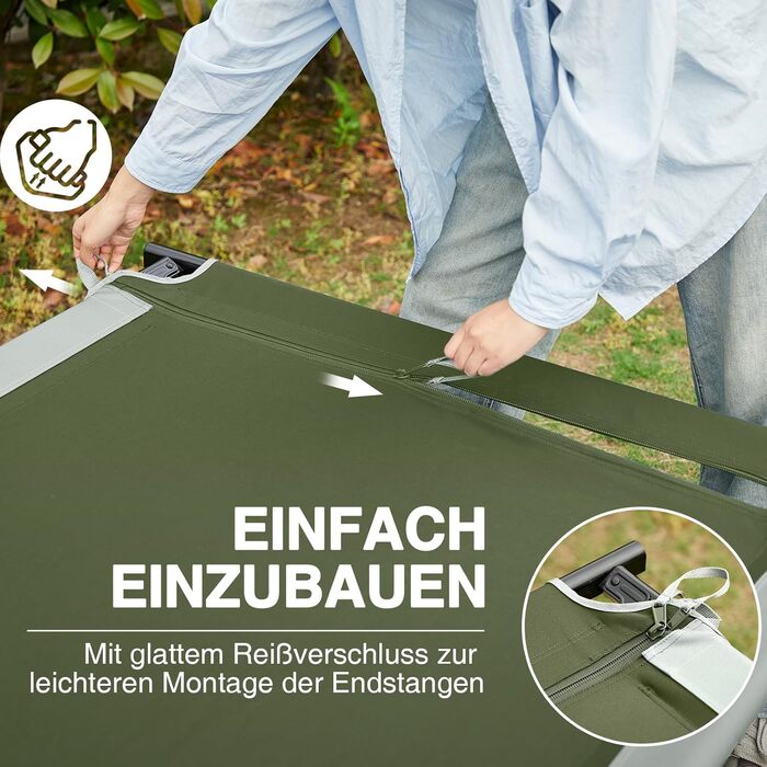 Розкладне ліжко для кемпінгу EVER ADVANCED XXL (214x106 см), посилене кемпінг-ліжко до 300 кг для відпочинку на природі, пляжі та вдома (Зелене)