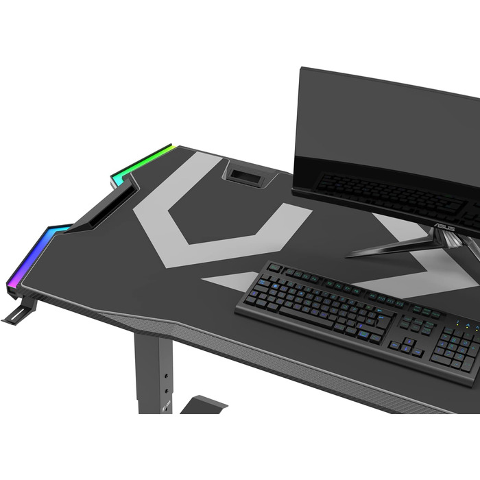 Ігровий стіл ULTRADESK Force , регульований по висоті, подушка XXL, 2 кабельні розетки, поличка для подовжувачів, світлодіодне RGB-підсвічування, сталева рама, сірий, 166x70 см