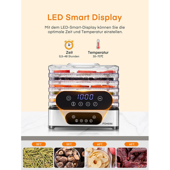 Електрична сушарка для продуктів FOHERE з нержавіючої сталі, 5 ящиків, LED-дисплей, 420W, 35-70°C, таймер 48h, для їжі, грибів, фруктів, м'яса, риби, овочів, без BPA