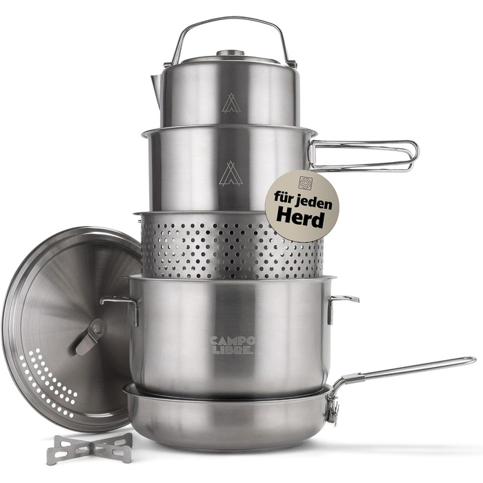 Набір посуду для кемпінгу Campo Libre Enzo I з нержавіючої сталі: компактний, індукційний, 6 або 8-ти частинний